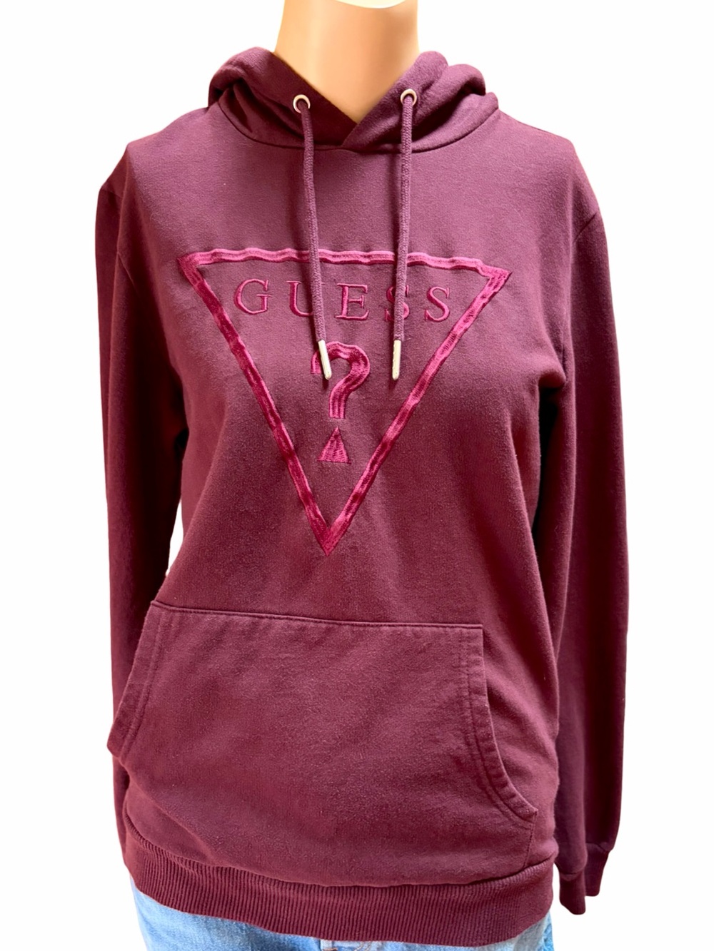GUESS Burgundy Pullover Hoodie | Embroidered Logo Sweatshirt | Size S